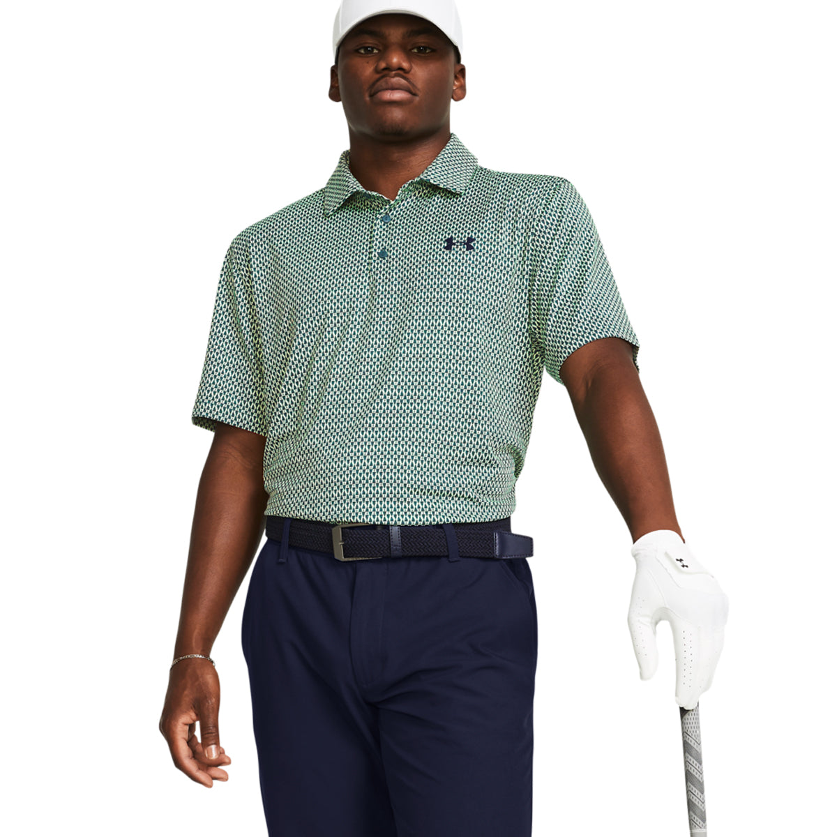 Men's Under Armour Playoff 3.0 polo shirt in navy with a collared neckline and short sleeves, displayed on a hanger.
