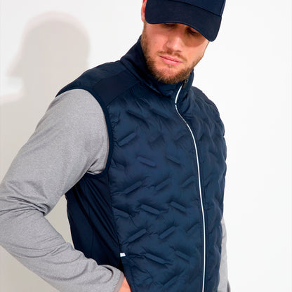 Abacus Portrush Hybrid vest for men, showcasing a sleek design with a mix of fabrics and a modern fit.