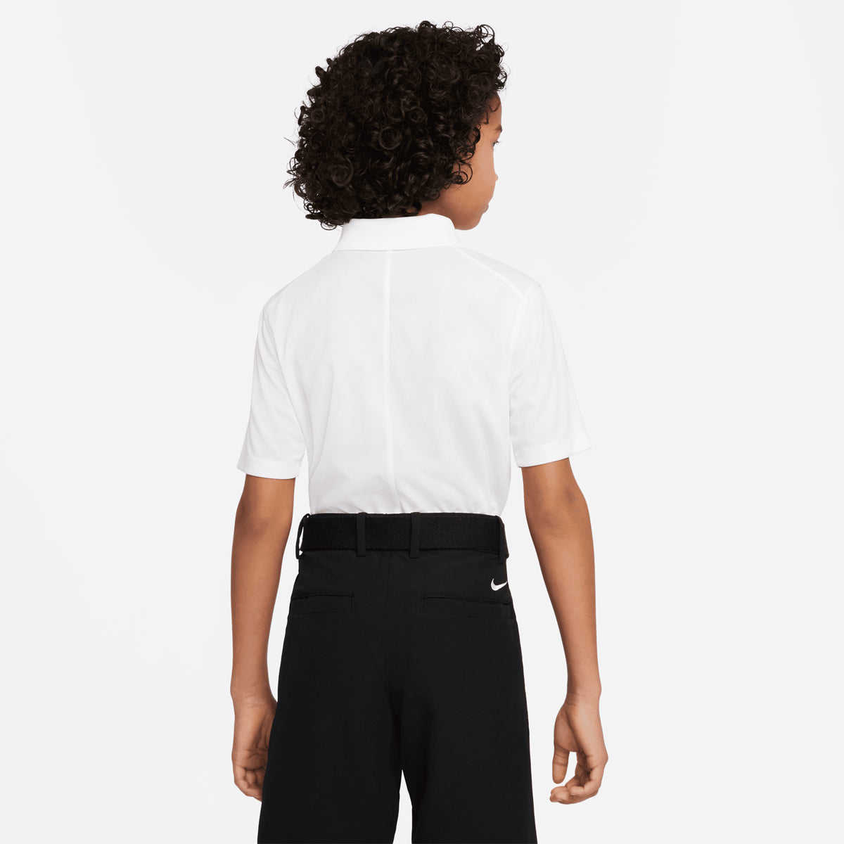 Junior Nike Dri-FIT Victory polo shirt in white, featuring a classic collar and short sleeves, displayed flat.