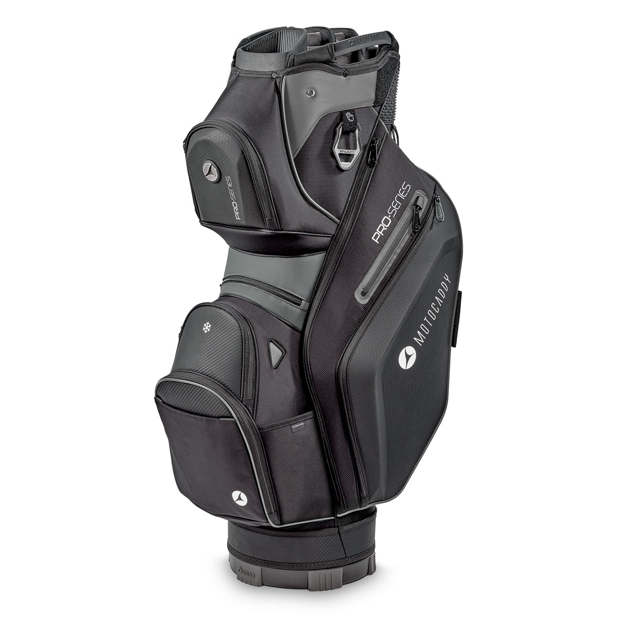 MotoCaddy Pro-Series vognbag i kulgrå med flere lommer, designet til golfvogne for nem opbevaring og transport.