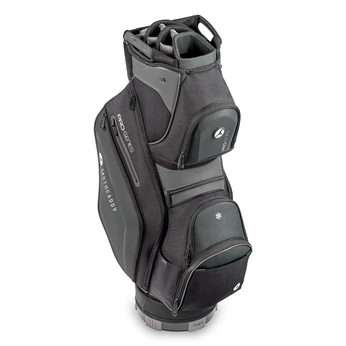 MotoCaddy Pro-Series vognbag i kulfarve med polstret håndtag og lommer, designet til golfvogne.